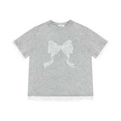 AsGony Lace Patchwork Bow Tie T-Shirt Grey