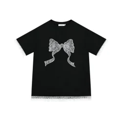 AsGony Lace Patchwork Bow Tie T-Shirt Black