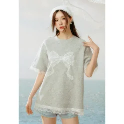 AsGony Lace Patchwork Bow Tie T-Shirt Grey