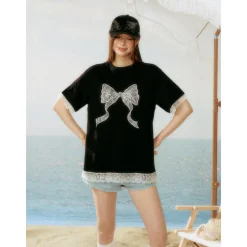 AsGony Lace Patchwork Bow Tie T-Shirt Black