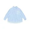 AsGony Lace Patchwork Embroidery Plaid Shirt Blue