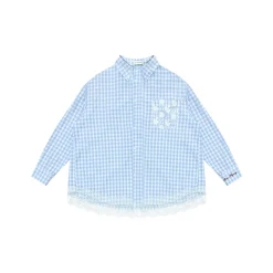 AsGony Lace Patchwork Embroidery Plaid Shirt Blue