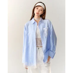 AsGony Lace Patchwork Embroidery Plaid Shirt Blue