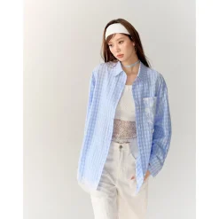 AsGony Lace Patchwork Embroidery Plaid Shirt Blue