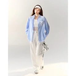 AsGony Lace Patchwork Embroidery Plaid Shirt Blue
