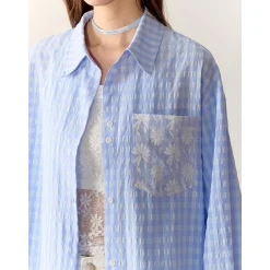 AsGony Lace Patchwork Embroidery Plaid Shirt Blue