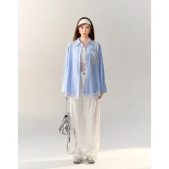 AsGony Lace Patchwork Embroidery Plaid Shirt Blue