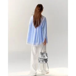 AsGony Lace Patchwork Embroidery Plaid Shirt Blue