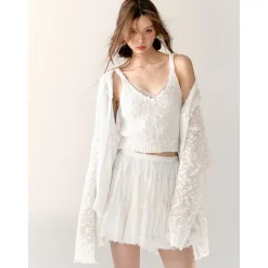 AsGony Lace Patchwork Knit Slip Vest White