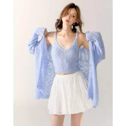 AsGony Lace Patchwork Knit Slip Vest Blue