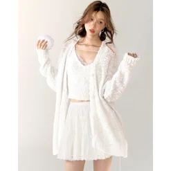 AsGony Lace Patchwork Knit Slip Vest White