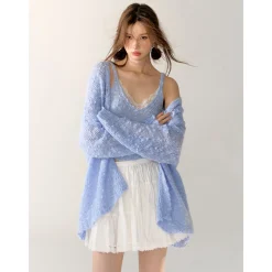 AsGony Lace Patchwork Knit Slip Vest Blue