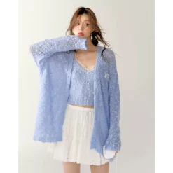 AsGony Lace Patchwork Knit Slip Vest Blue