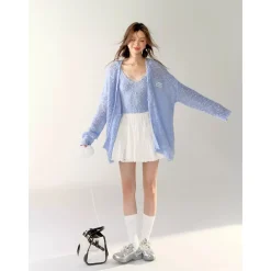 AsGony Lace Patchwork Knit Slip Vest Blue