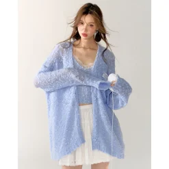 AsGony Lace Patchwork Knit Slip Vest Blue