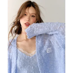 AsGony Lace Patchwork Knit Slip Vest Blue