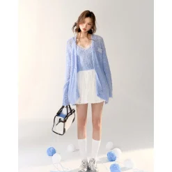 AsGony Lace Patchwork Knit Slip Vest Blue
