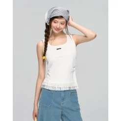 AsGony Lace Patchwork Stringy U-Neck Vest White