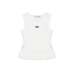 AsGony Lace Patchwork Stringy U-Neck Vest White