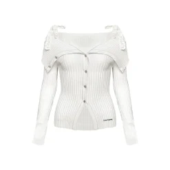 AsGony Lace Strap Off Shoulder Knit Top White