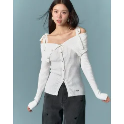AsGony Lace Strap Off Shoulder Knit Top White