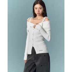 AsGony Lace Strap Off Shoulder Knit Top White
