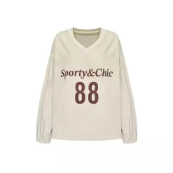 AsGony Letter Printed V-Neck Blokette Jersey Top Beige