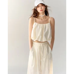 AsGony Pearl Beaded Strap Slip Vest Beige