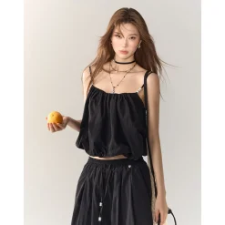AsGony Pearl Beaded Strap Slip Vest Black