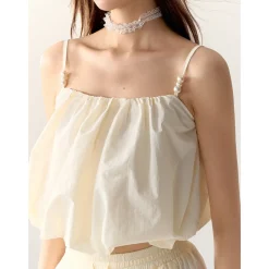AsGony Pearl Beaded Strap Slip Vest Beige