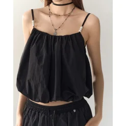 AsGony Pearl Beaded Strap Slip Vest Black