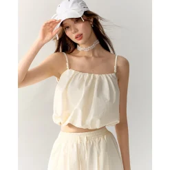AsGony Pearl Beaded Strap Slip Vest Beige