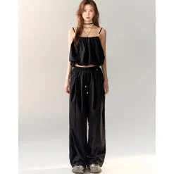 AsGony Pearl Beaded Strap Slip Vest Black
