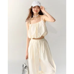 AsGony Pearl Beaded Strap Slip Vest Beige