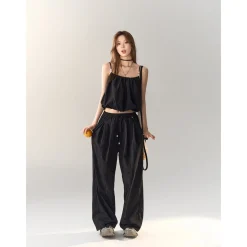 AsGony Pearl Beaded Strap Slip Vest Black