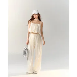 AsGony Pearl Beaded Strap Slip Vest Beige