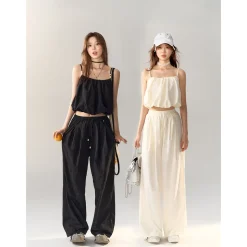 AsGony Pearl Beaded Strap Slip Vest Black