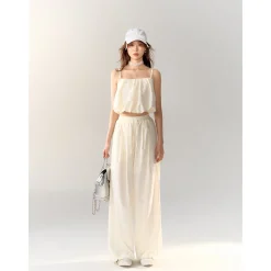 AsGony Pearl Beaded Strap Slip Vest Beige