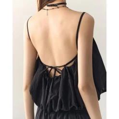 AsGony Pearl Beaded Strap Slip Vest Black