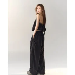 AsGony Pearl Beaded Strap Slip Vest Black