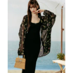 AsGony Printed Floral Sun Protection Shirt Black
