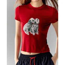 AsGony Printed Spotted Puppy Slim T-Shirt Red