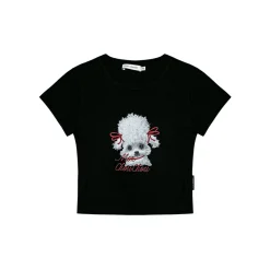 AsGony Puppy Printed Embroidery Slim T-Shirt