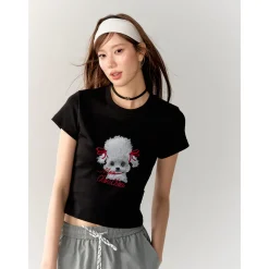 AsGony Puppy Printed Embroidery Slim T-Shirt