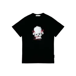 AsGony Puppy Printed Straight Shoulder T-Shirt Black