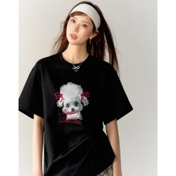 AsGony Puppy Printed Straight Shoulder T-Shirt Black