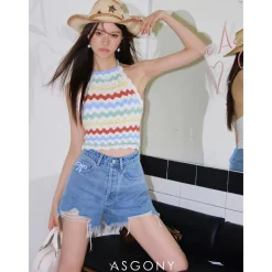 AsGony Rainbow Striped Crochet Halter Vest