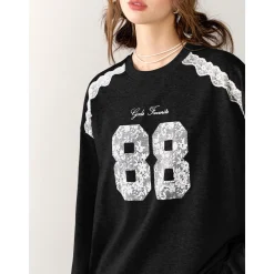 AsGony Retro Lace Patchwork L/S T-Shirt Black