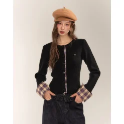 AsGony Retro Plaid Patchwork Slim Knit Cardigan Black
