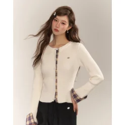 AsGony Retro Plaid Patchwork Slim Knit Cardigan White